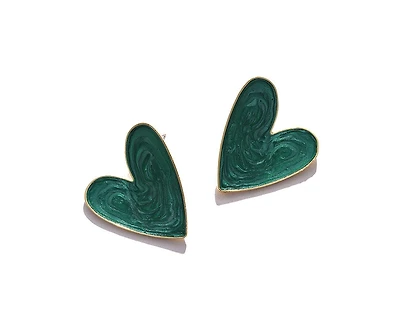 Sohi Women's Green Enamel Heart Stud Earrings