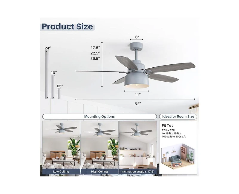 Sofucor 52-inch Grain Farmhouse Gray Wood 5-blade Ceiling Fan with Light Kit and Remote Control
