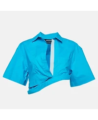 Pre-Owned Jacquemus Women's Blue Cotton La Chemise Asymmetric Crop Top