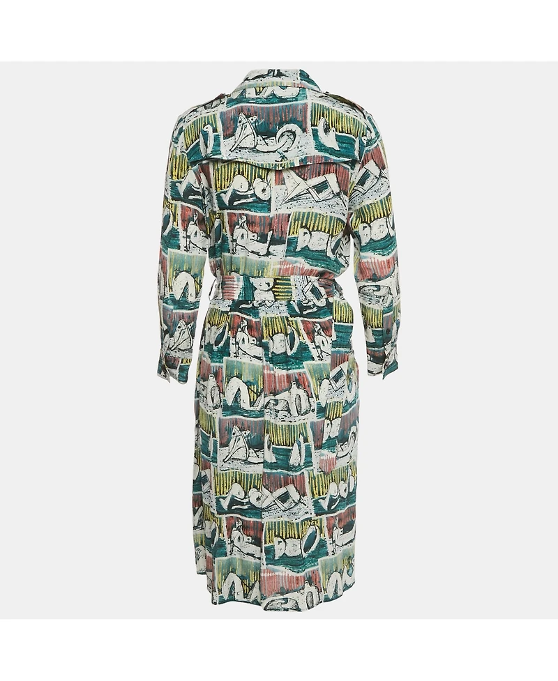 Pre-Owned Burberry Women's Green Reclining Figures Silk Trench Midi Dress