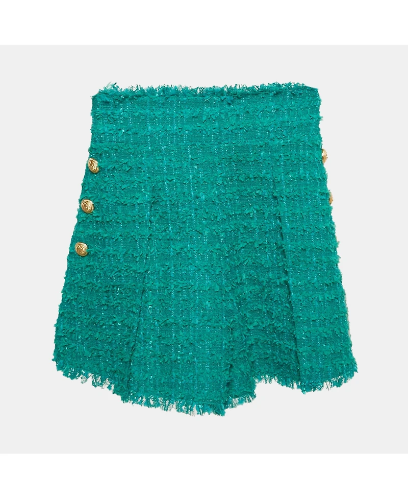 Pre-Owned Balmain Women's Green Tweed Button Detail High Rise Shorts