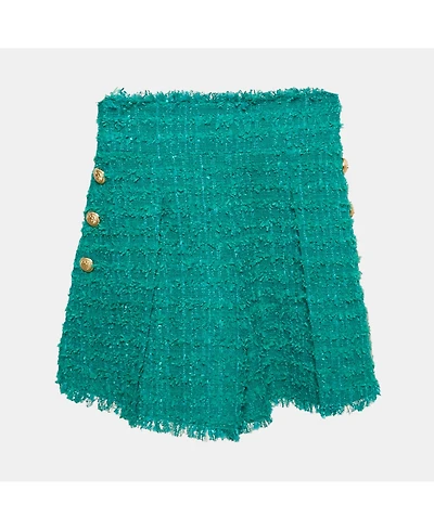Pre-Owned Balmain Women's Green Tweed Button Detail High Rise Shorts