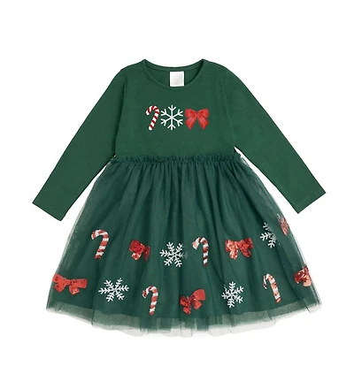 Sweet Wink Toddler Girls Emerald Candy Cane Sequin Christmas Long Sleeve Tutu Dress