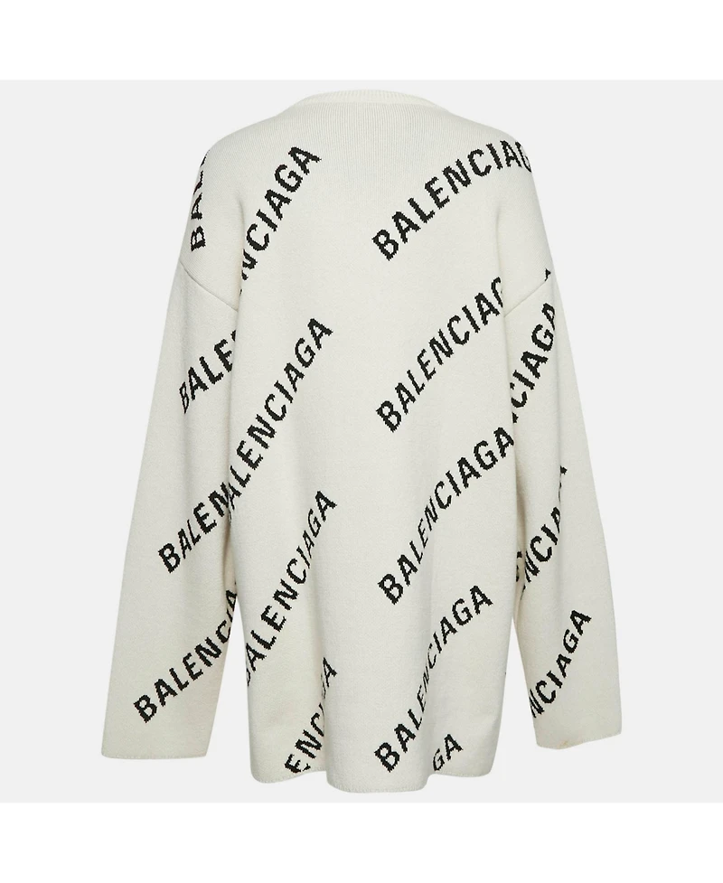 Pre-Owned Balenciaga Women's Off-White Monogram Jacquard Knit Crew Neck Sweater