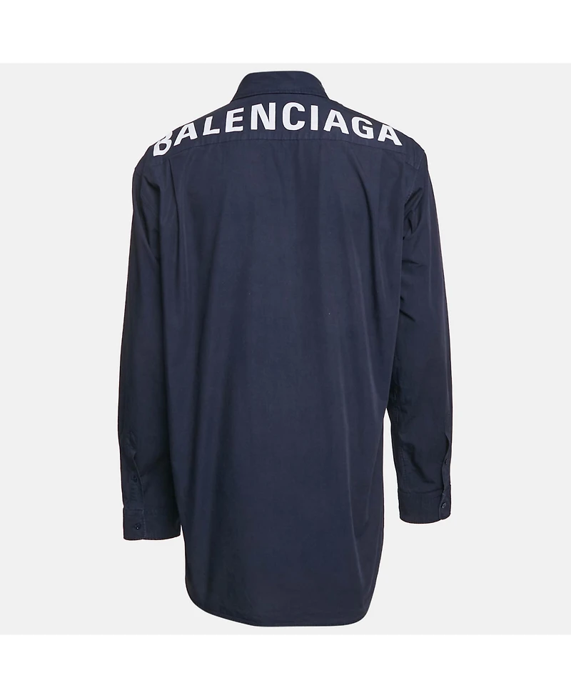 Pre-Owned Balenciaga Men's Navy Blue Cotton Logo Print Button Down Oversized Shirt