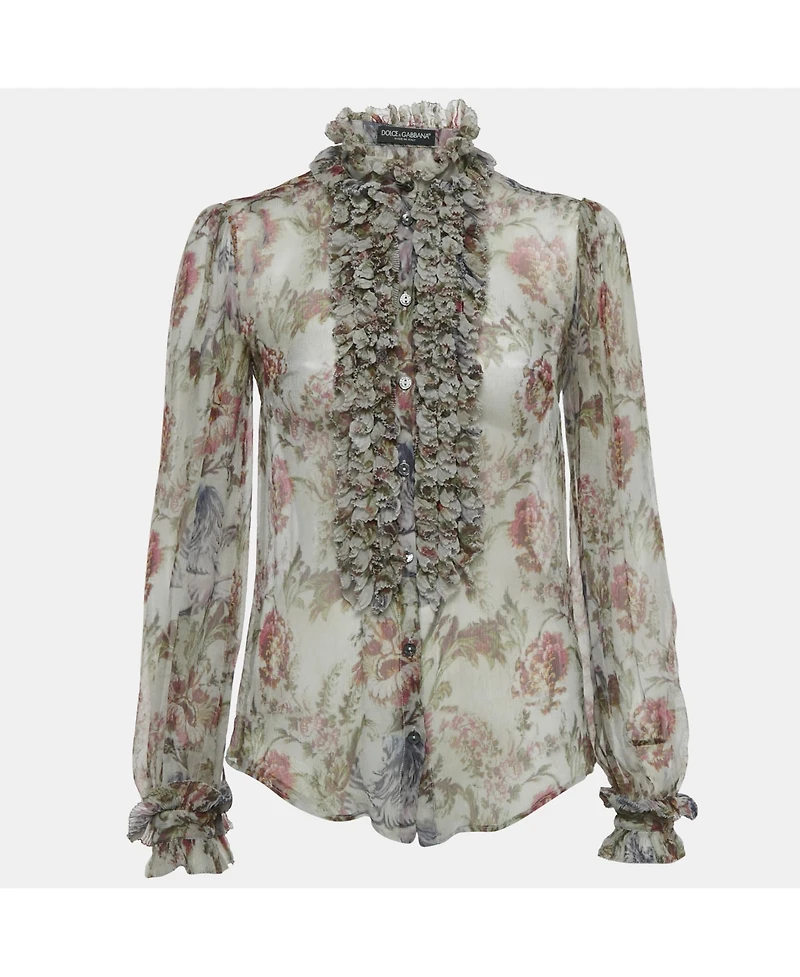 Pre-Owned Dolce & Gabbana Women's Floral Print Silk Ruche Shirt