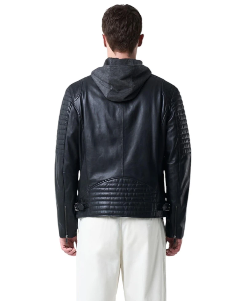 Velez Men's Belmont Leather Jacket for Men with Hood and Chestpiece