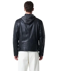 Velez Men's Belmont Leather Jacket for Men with Hood and Chestpiece