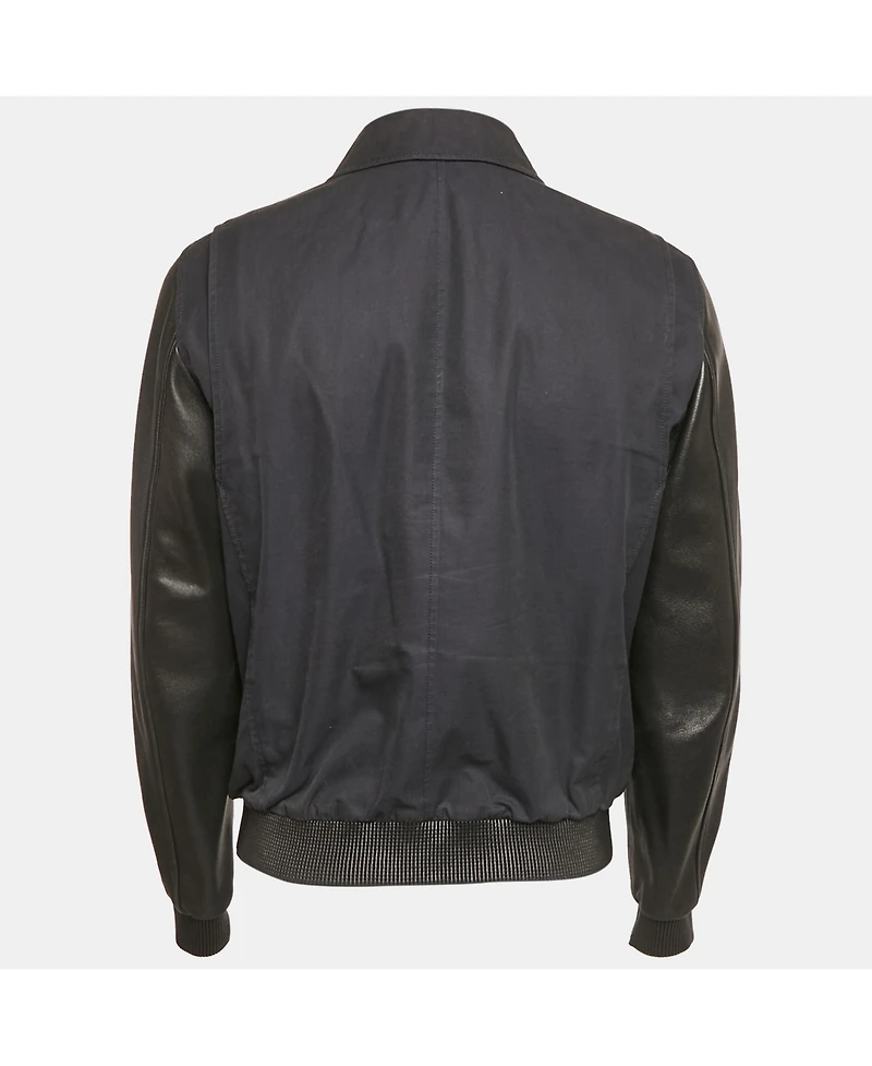 Pre-Owned Burberry Men's Navy Blue Cotton & Black Leather Zip Front Jacket