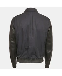 Pre-Owned Burberry Men's Navy Blue Cotton & Black Leather Zip Front Jacket