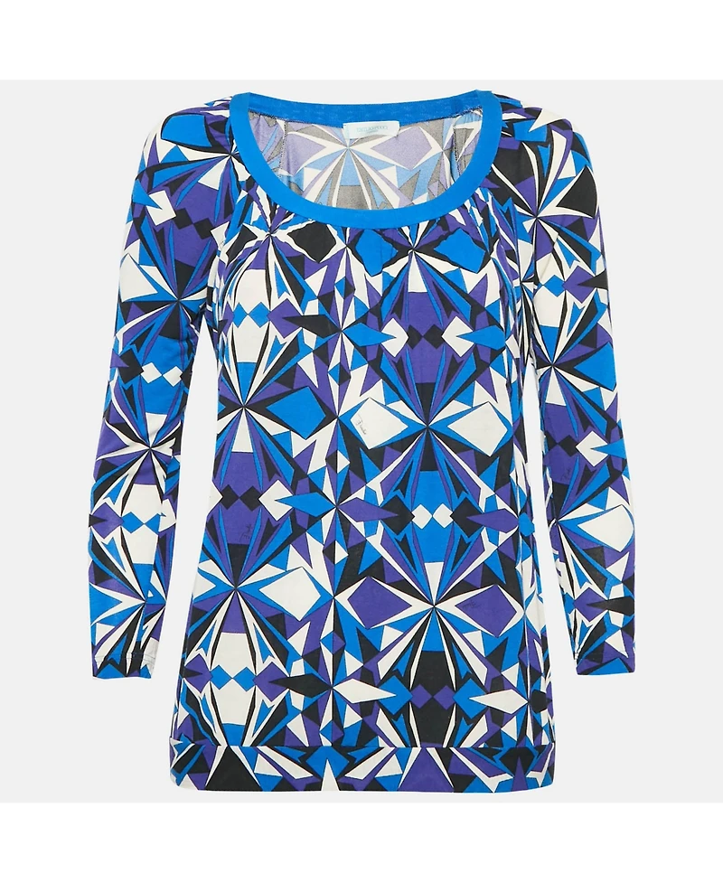 Pre-Owned Emilio Pucci Women's Blue Printed Jersey Round Neck Long Sleeve Top