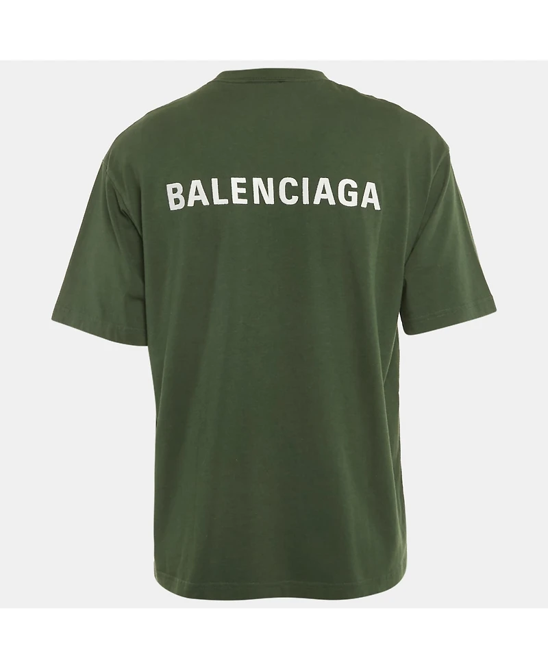 Pre-Owned Balenciaga Men's Olive Green Logo Embroidered Cotton T-Shirt