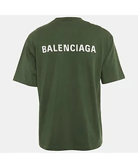 Pre-Owned Balenciaga Men's Olive Green Logo Embroidered Cotton T-Shirt