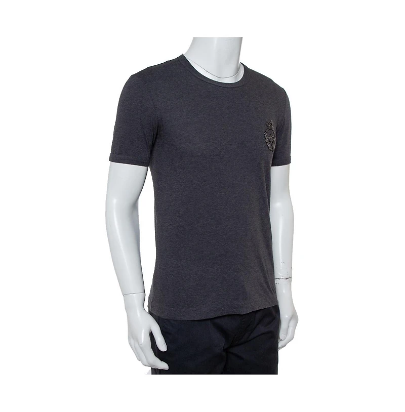 Pre-Owned Dolce & Gabbana Men's Grey Cotton Crown & Bee Patch T Shirt