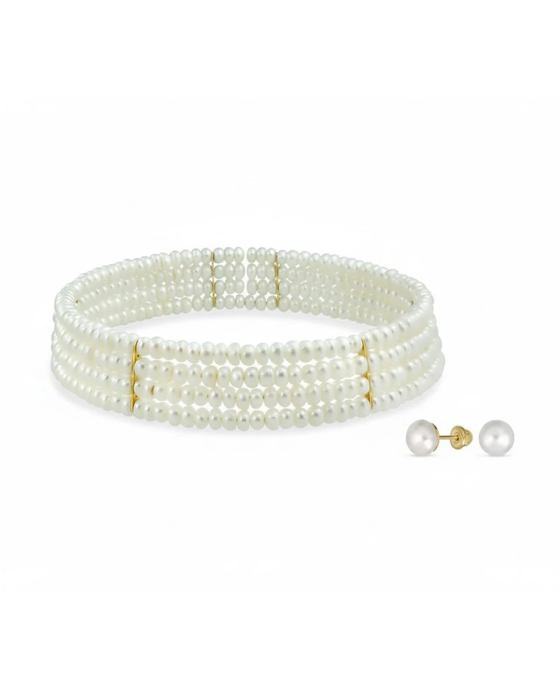 Bling Jewelry Fine Classic 4 Row Freshwater Pearl Choker Collar Necklace Gold Silver Accent