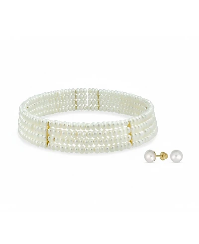 Bling Jewelry Fine Classic 4 Row Freshwater Pearl Choker Collar Necklace Gold Silver Accent