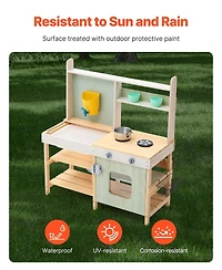 Mecale Mud Kitchen for Kids, Wooden Outdoor Playset, Pretend Kitchen with Stoves, Tank, Faucet, Storage Bag, Metal Baskets & Cookware