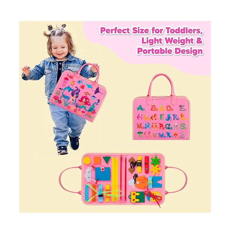 Busy Board 8 in 1 Busy Book Montessori Toys for Toddler Sensory Toys Developing Sensory Board Travel Toys Pink