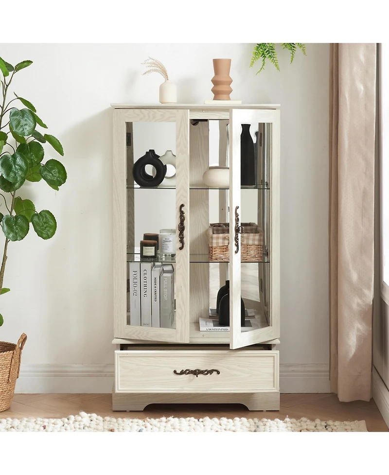 Glass Cabinet with Adjustable Shelves 2 Doors and 1 drawer Bulb Included