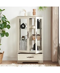 Glass Cabinet with Adjustable Shelves 2 Doors and 1 drawer Bulb Included