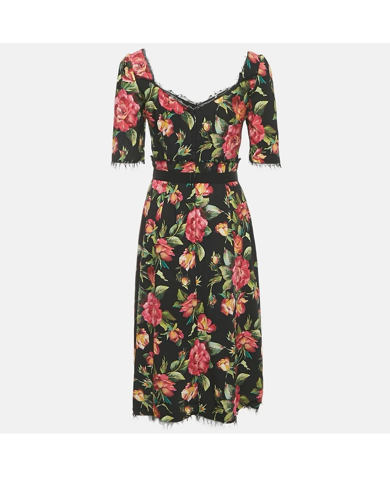 Pre-Owned Dolce & Gabbana Women's Black Floral Print Crepe Midi Dress