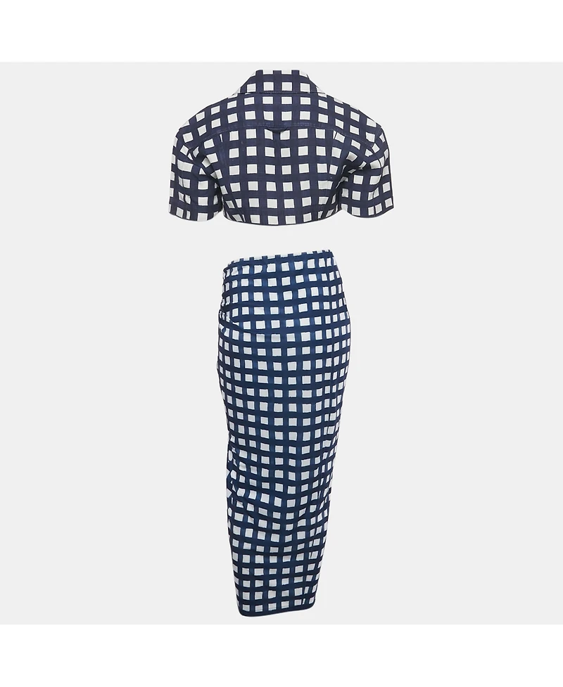 Pre-Owned Jacquemus Women's Navy Blue/white Checkered Silk Blend & Jersey Crop Top & Skirt Set
