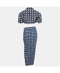 Pre-Owned Jacquemus Women's Navy Blue/white Checkered Silk Blend & Jersey Crop Top & Skirt Set