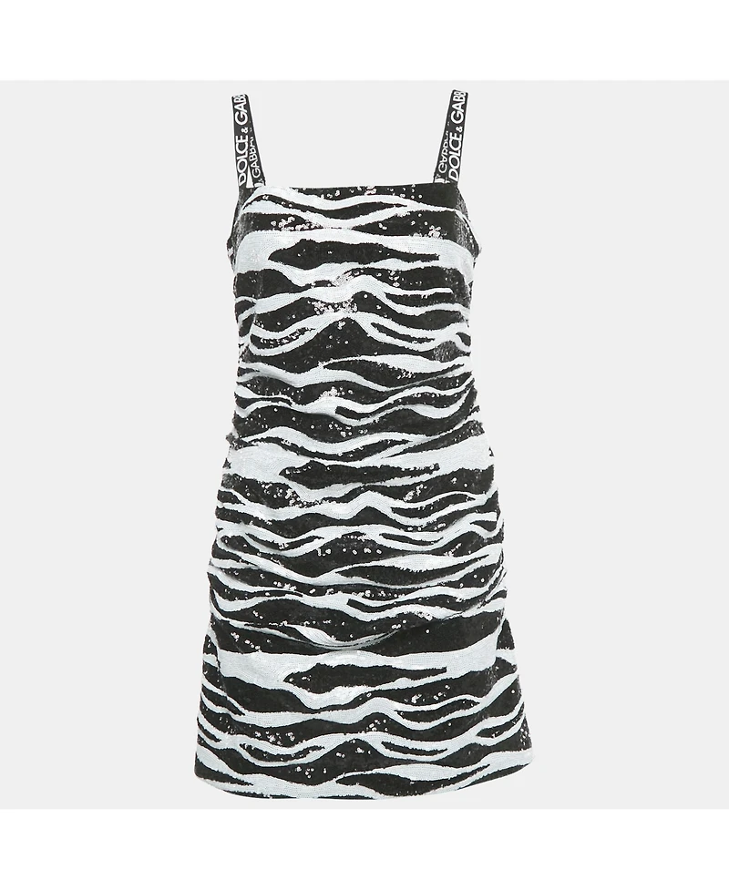 Pre-Owned Dolce & Gabbana Women's Monochrome Zebra Pattern Sequinned Mini Dress