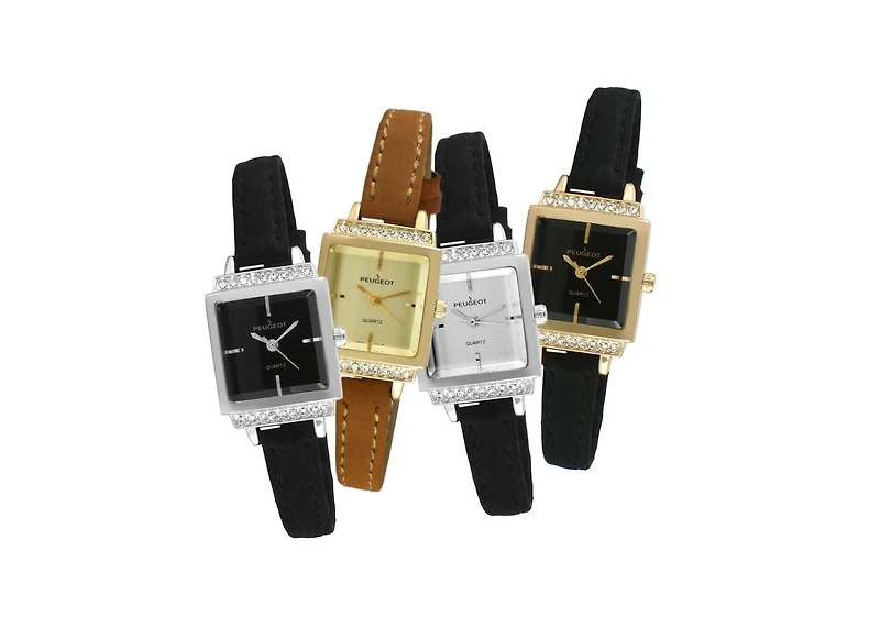 Peugeot Women's 22mm Gold Crystal Watch With Black Dial & Tan Strap