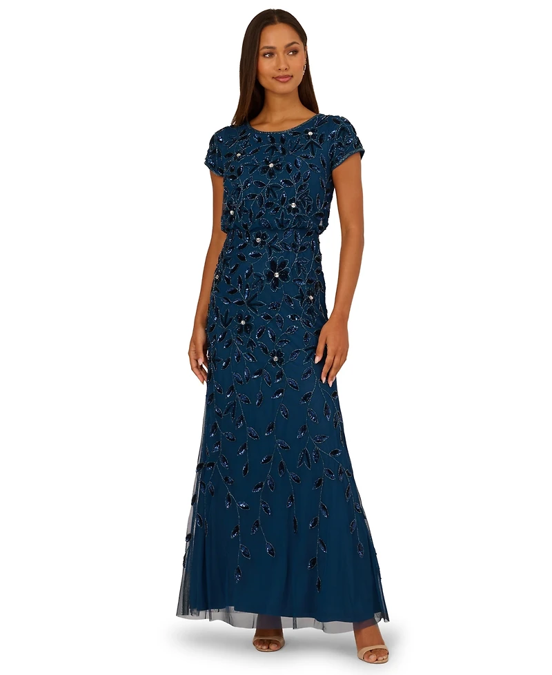 Adrianna Papell Women's Boat-Neck Blouson Beaded Gown