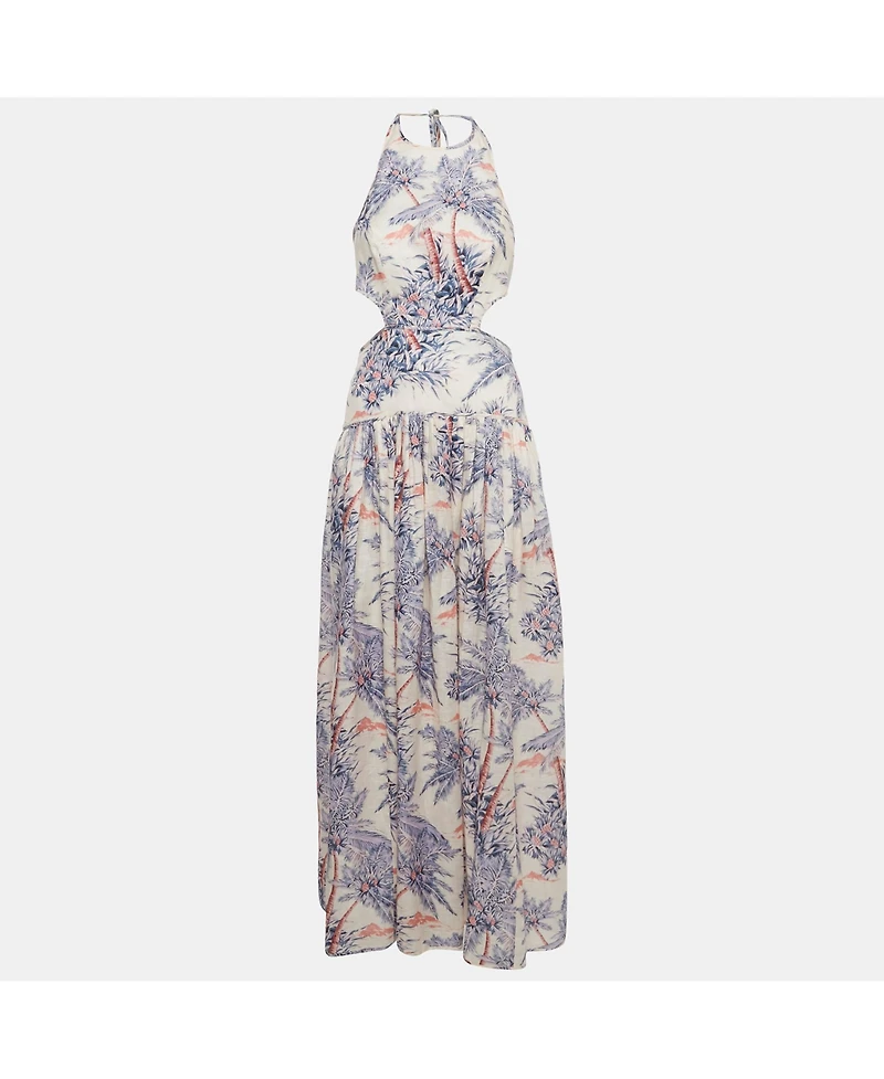 Pre-Owned Zimmermann Women's Pink Palm Tree Print Linen Halter Neck Maxi Dress