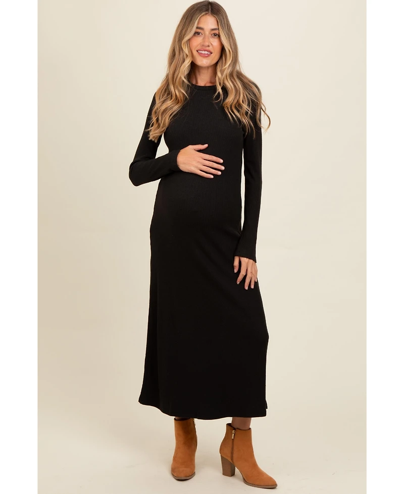 Pinkblush Maternity Charcoal Ribbed Knit Side Slit Midi Dress