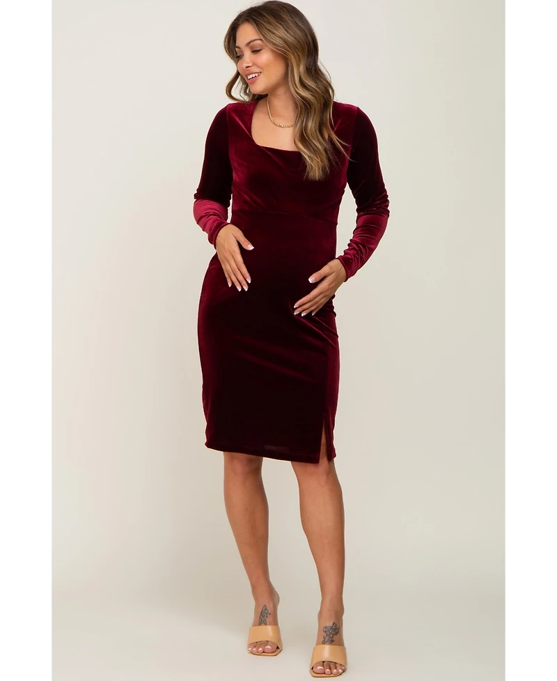 Pinkblush Maternity Burgundy Velvet Long Sleeve Side Slit Dress