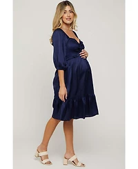 Pinkblush Maternity Navy Satin Smocked Ruffle Hem Dress