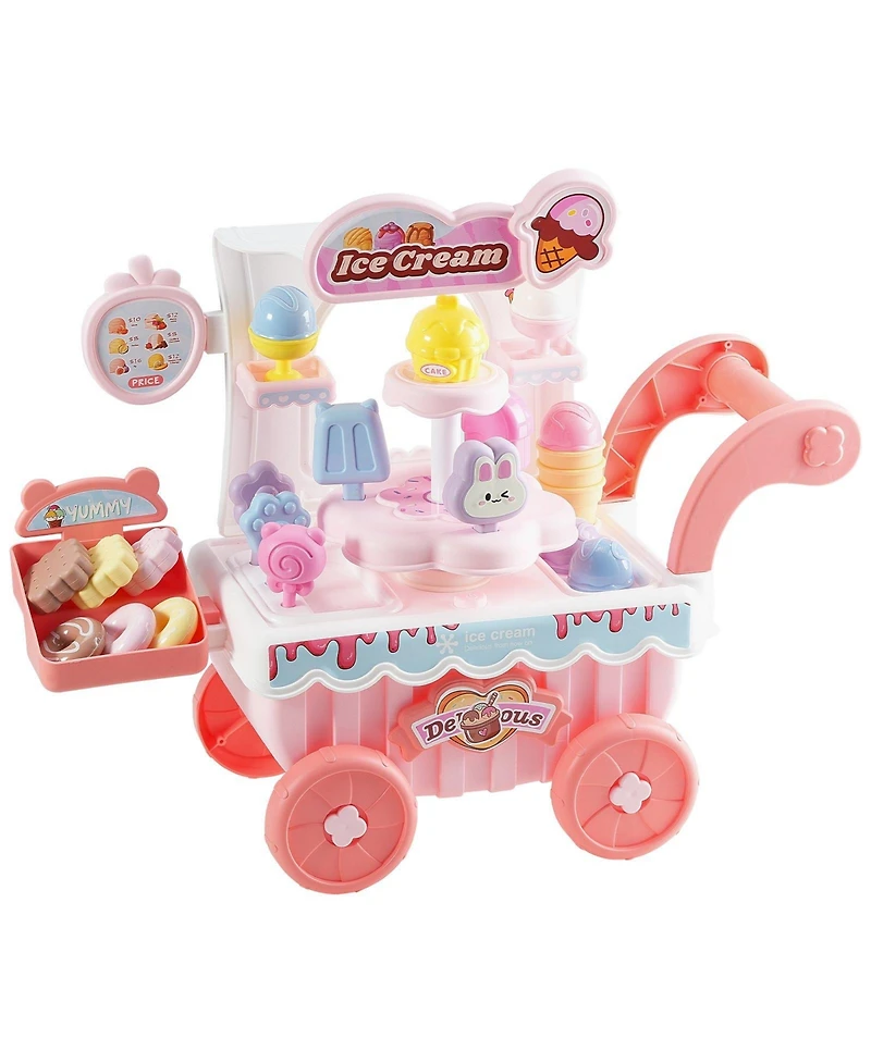 Mecale Ice Cream Cart for Kids, 27 Pcs Pretend Play Store with Storage Trolley, Sound & Light, Pretend Money, Educational Toy 3+ Pink