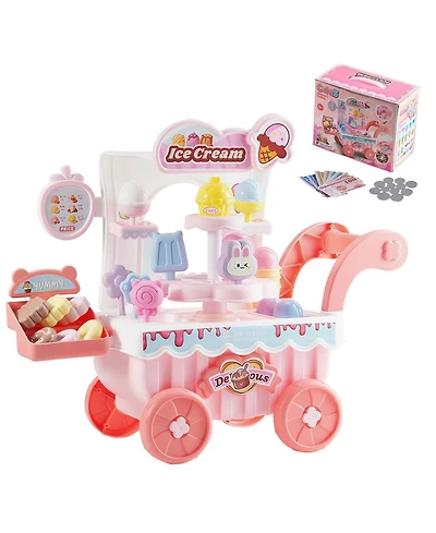 Mecale Ice Cream Cart for Kids, 27 Pcs Pretend Play Store with Storage Trolley, Sound & Light, Pretend Money, Educational Toy 3+ Pink