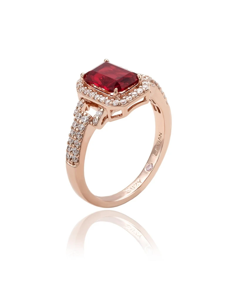 Suzy Levian Rose Sterling Silver Emerald-Cut Red and White Cubic Zirconia Halo Ring