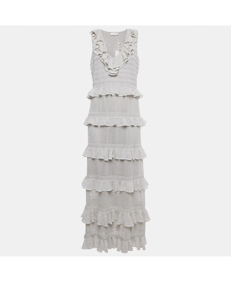 Pre-Owned Zimmermann Women's Silver Lurex Knit Tiered Frill Midi Dress