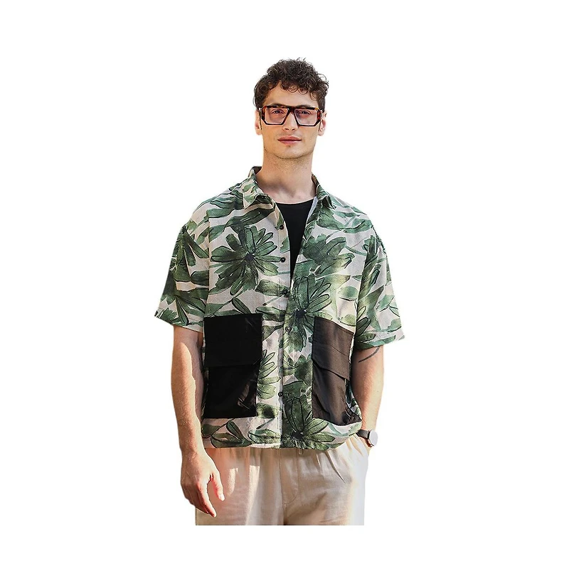 Campus Sutra Men's Jungle Green & Ivory White Flora-Stroke Oversized Shirt