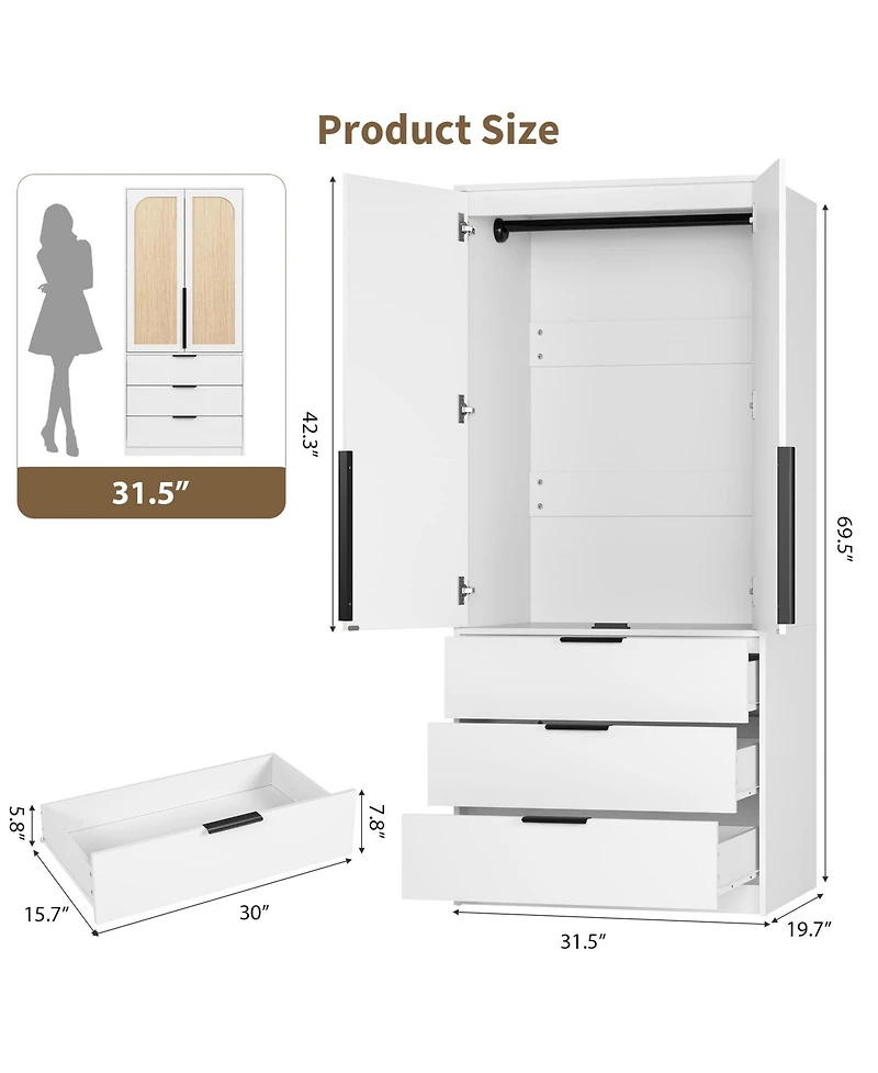 gaomon Armoire Wardrobe Closet, 69.5" Wooden Wardrobe Cabinet with 3 Drawers, Hanging Rod, 2 Doors Clothing Storage Cabinet