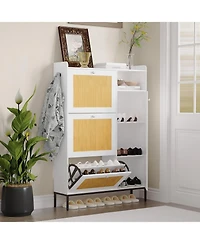 Shoe Cabinet with 3 Flip Drawers, Rattan Freestanding Organizer Adjustable Shelves,for Entryway Hallway, Easy Assembly