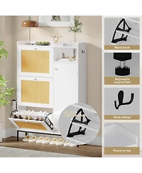 Shoe Cabinet with 3 Flip Drawers, Rattan Freestanding Organizer Adjustable Shelves,for Entryway Hallway, Easy Assembly