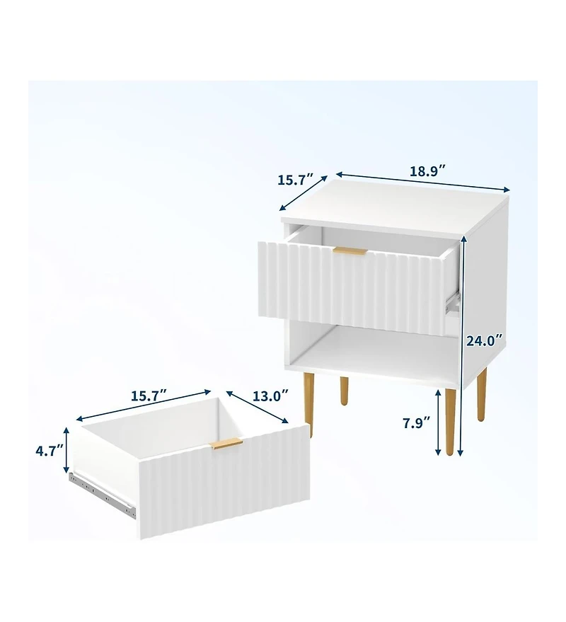 gaomon 2pcs Modern Nightstand with 2 Drawers, Golden and Wood Fluted Night Stand with Charging Station, Bedside Table with Usb Ports and Outlets.