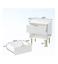 gaomon 2pcs Modern Nightstand with 2 Drawers, Golden and Wood Fluted Night Stand with Charging Station, Bedside Table with Usb Ports and Outlets.