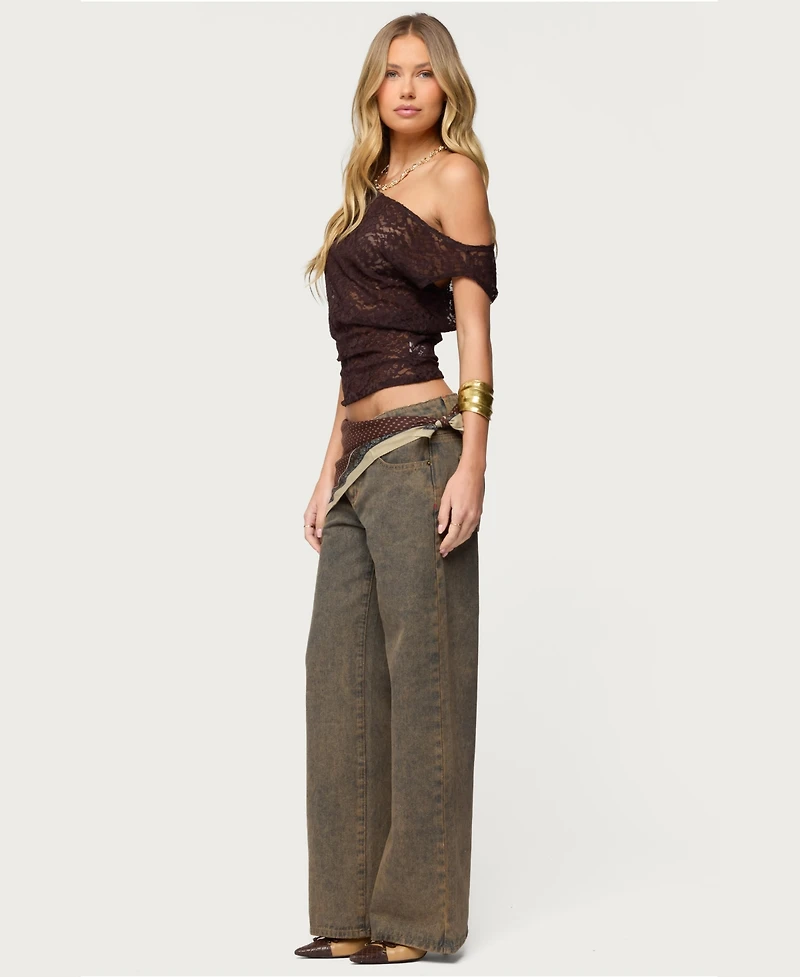 Edikted Women's Kessa Sheer Lace Off Shoulder Top