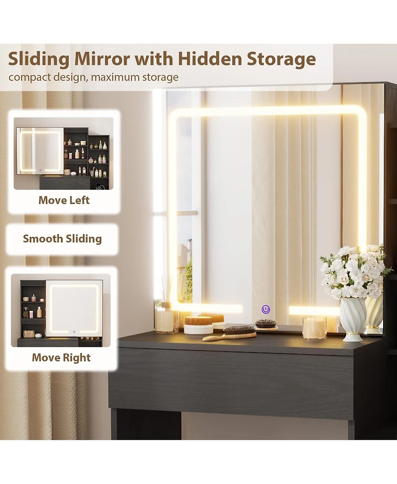 gaomon Vanity Desk with Sliding Mirror and Lights, Modern Makeup Table 4 Drawers 7 Storage Shelves