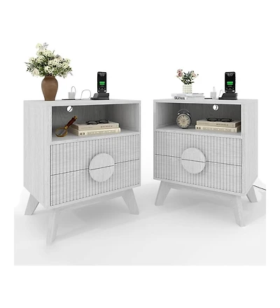 Gaomon 2pcs Modern Fluted Night Stand, Bedroom Nightstand with Usb Charging Station, Wood Bedside Table 2 Drawers