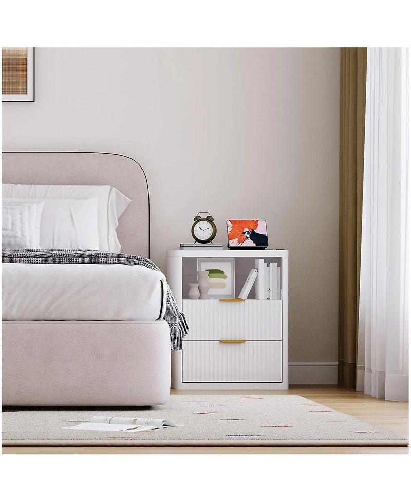gaomon Fluted Nightstand Set of 2, Bedside Table Built-in Charging Station, Featuring 2 Drawer & Open Storage Space, Mid Century Modern Night Stand