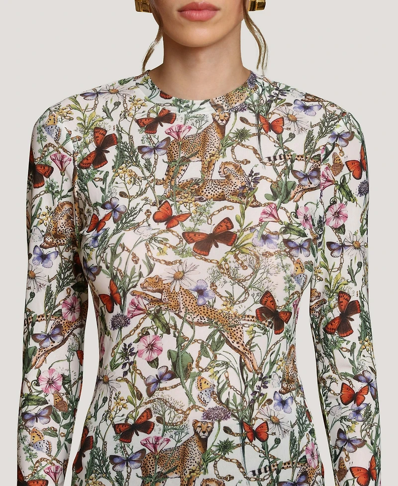 Avec Les Filles Women's Printed Long-Sleeve Mesh Top