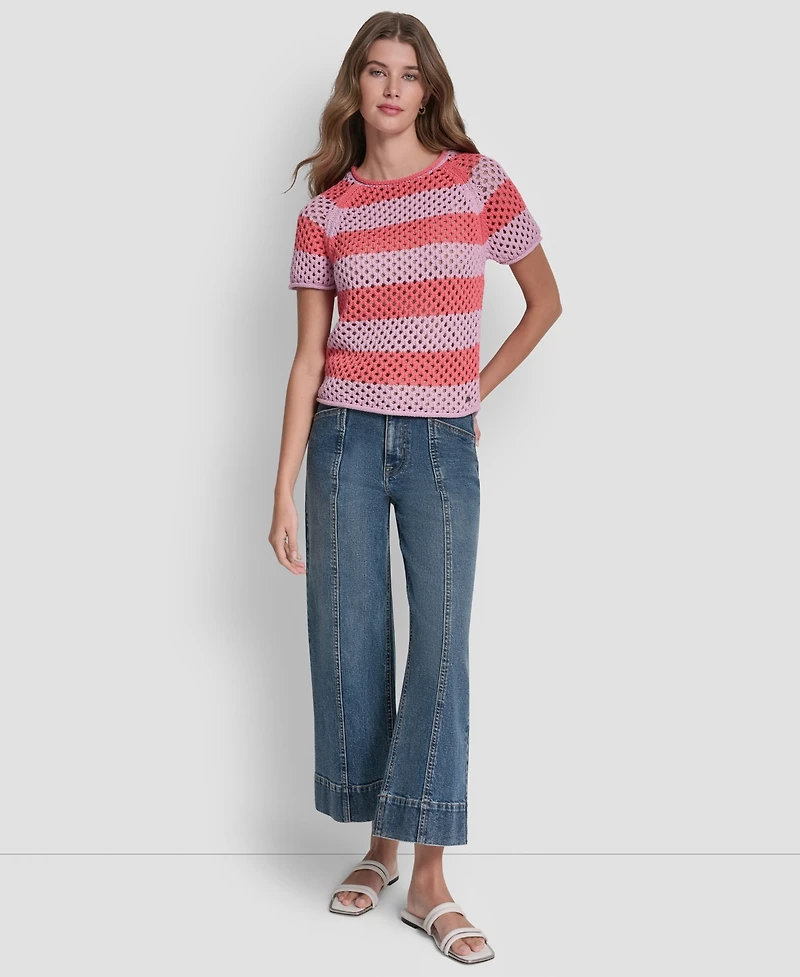 Dkny Jeans Women's Stripe Pointelle Cropped Pull-On Sweater